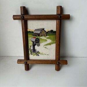 Vintage Framed Crewel Multicolor Embroidery Scenic Farm Barn mailbox